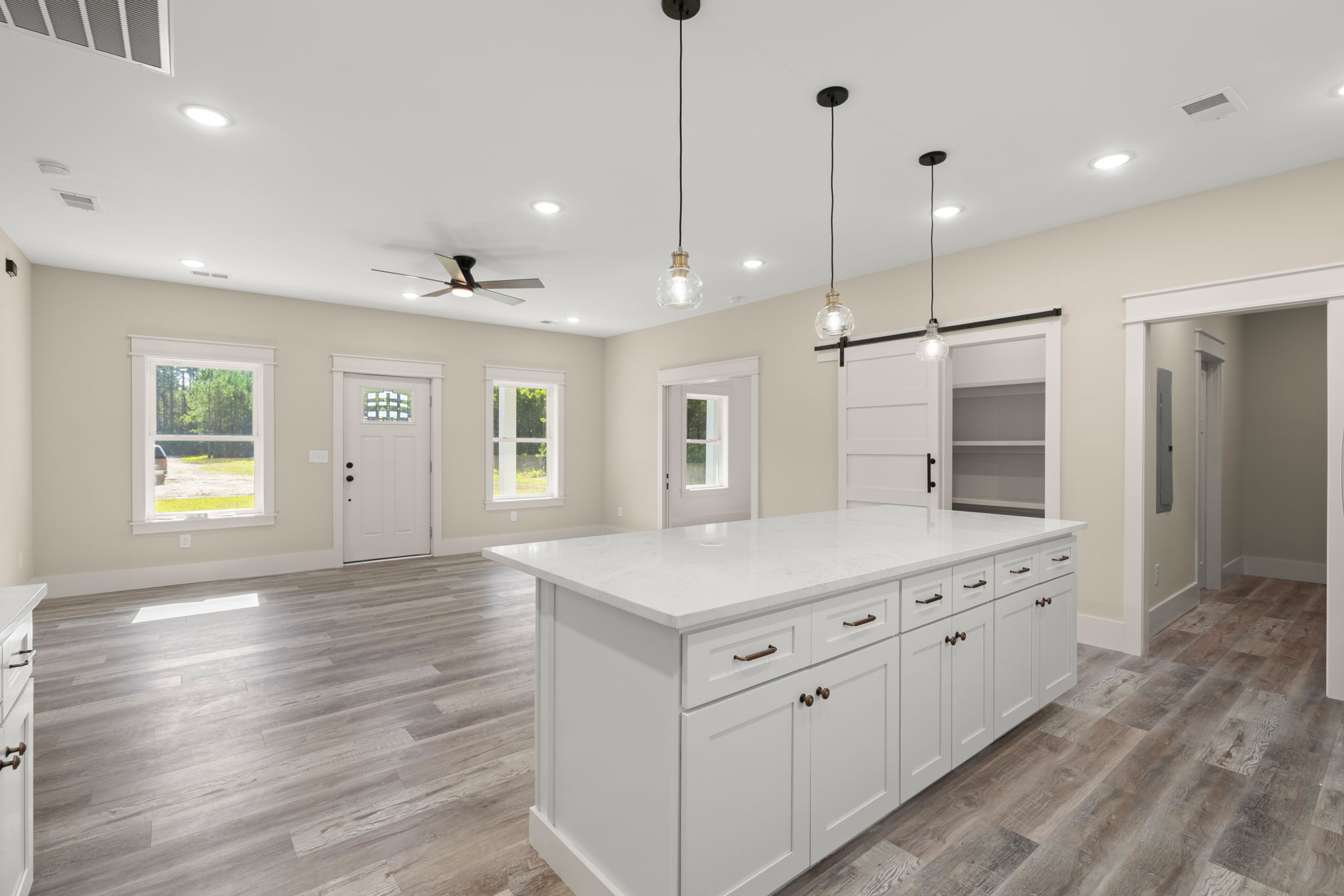 Open kitchen and living area viewed from the living room
