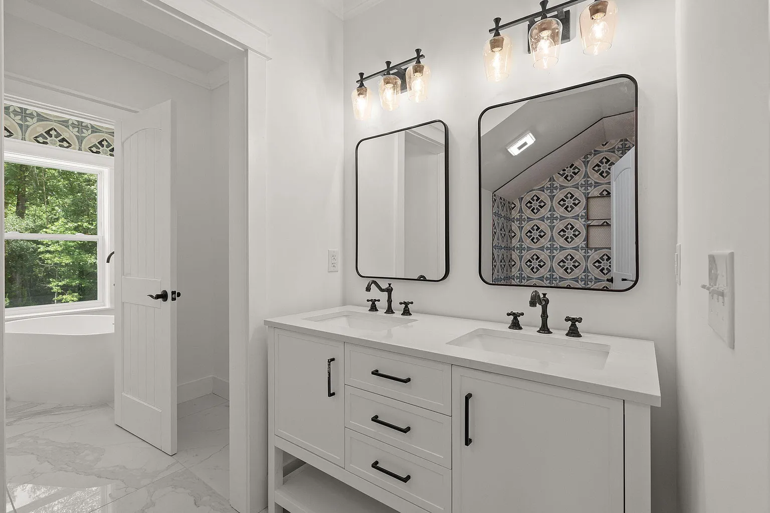 Guest bath double vanity with patterned accent tile