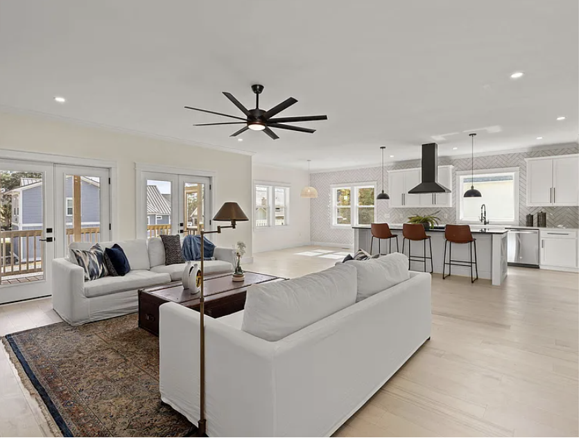 Open living area with view toward the kitchen island