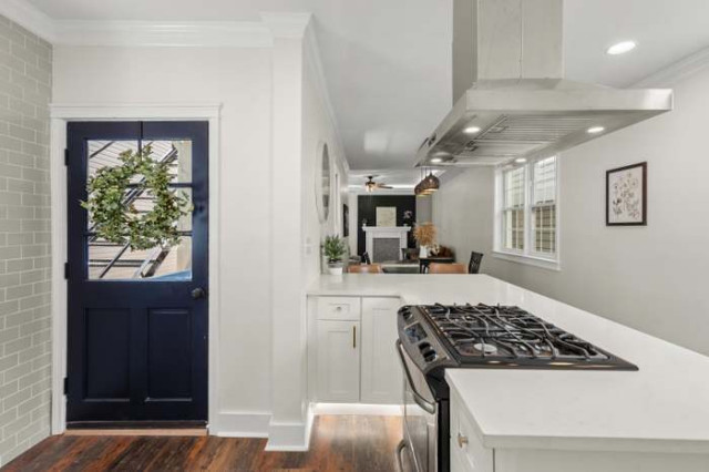 Navy glass door and kitchen transition