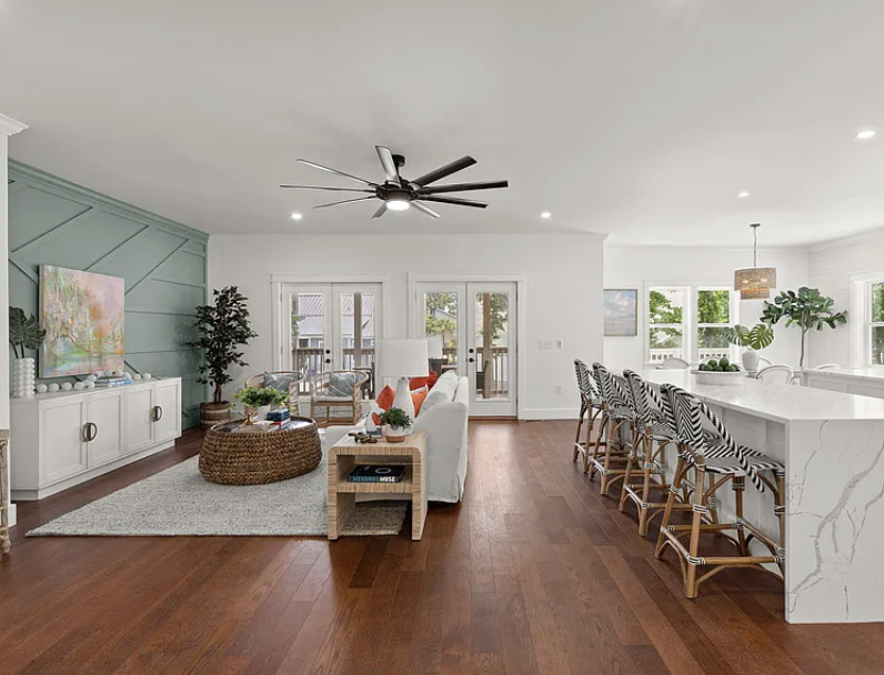 Open living area with waterfall kitchen island