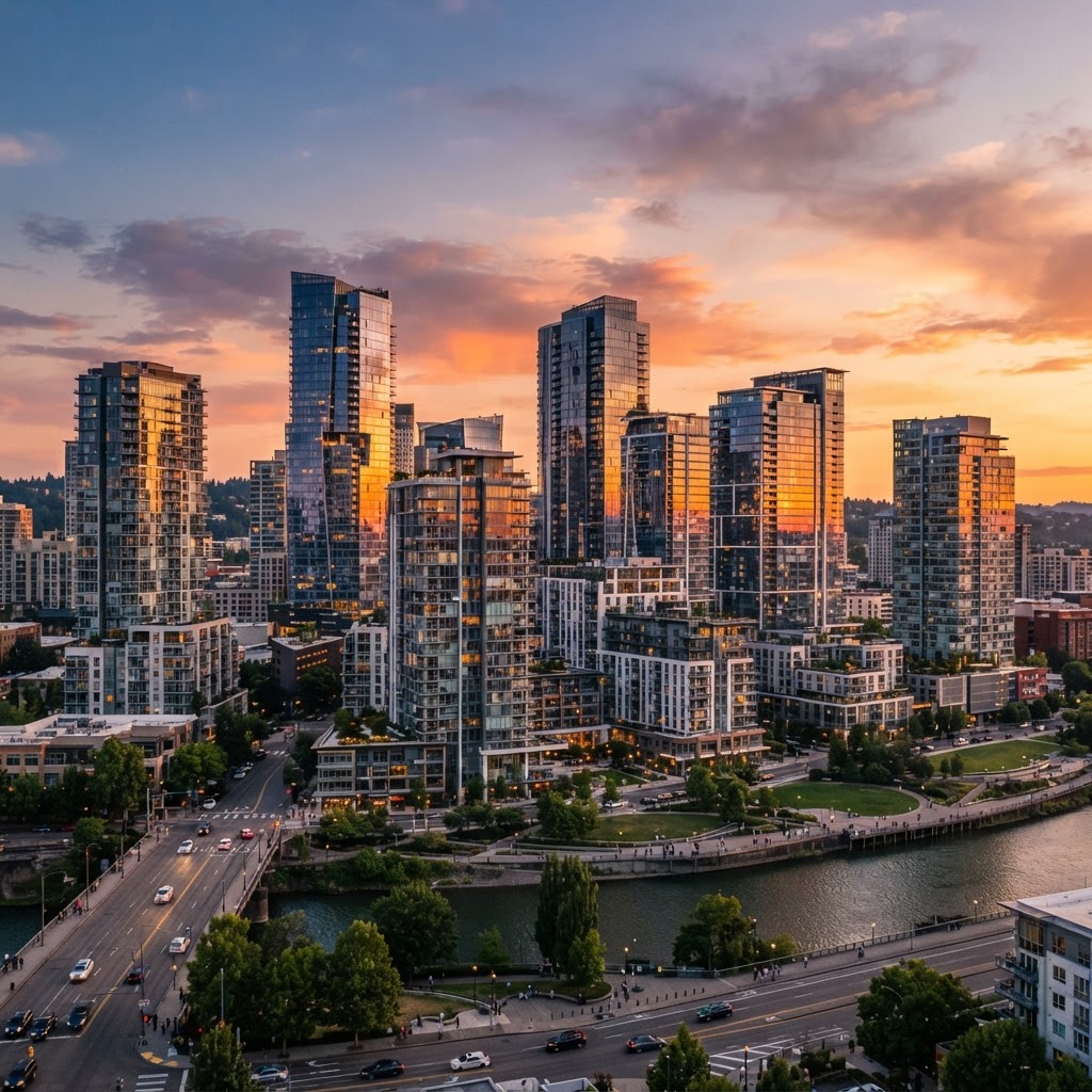 City skyline at sunset