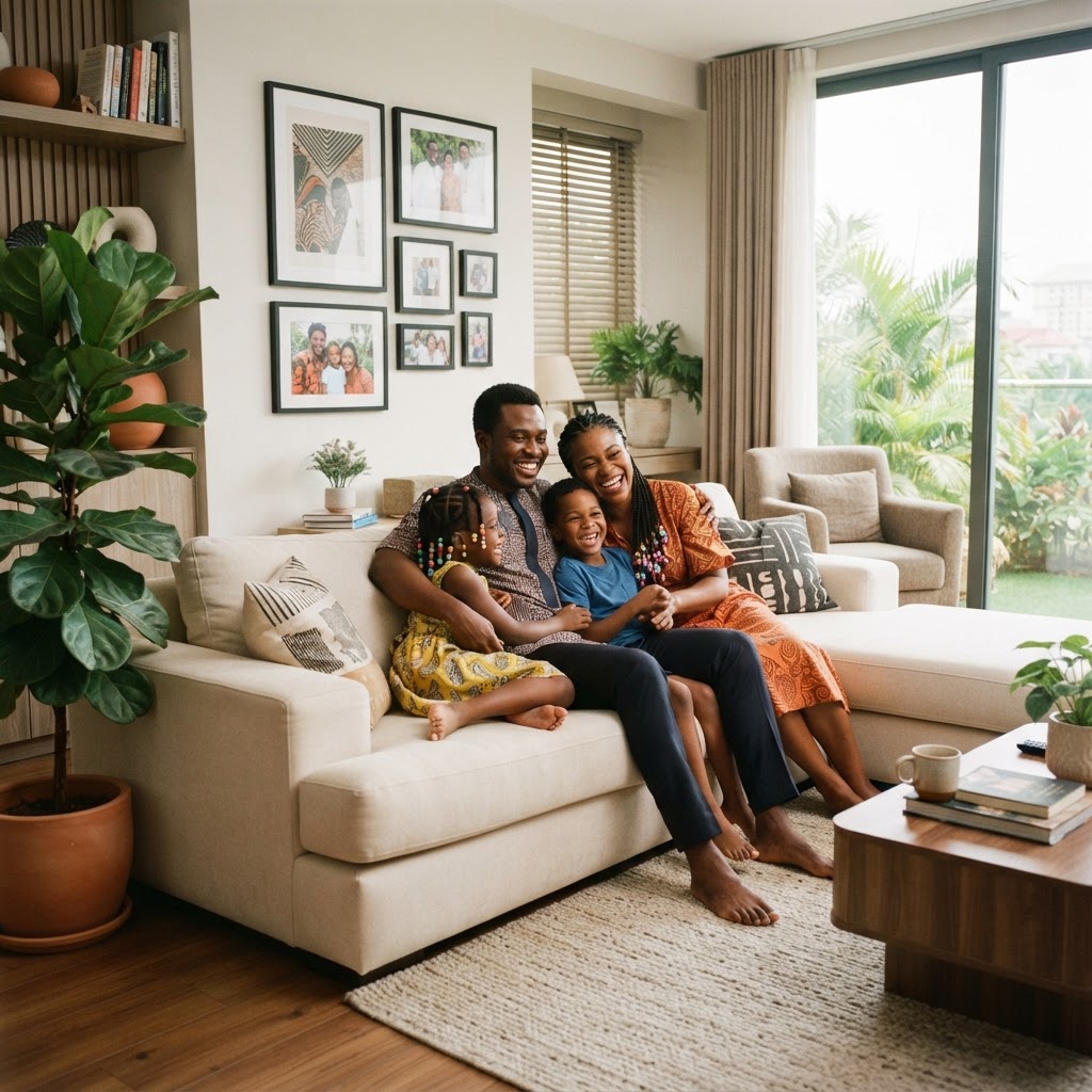 Happy Nigerian family relaxing in a bright living room