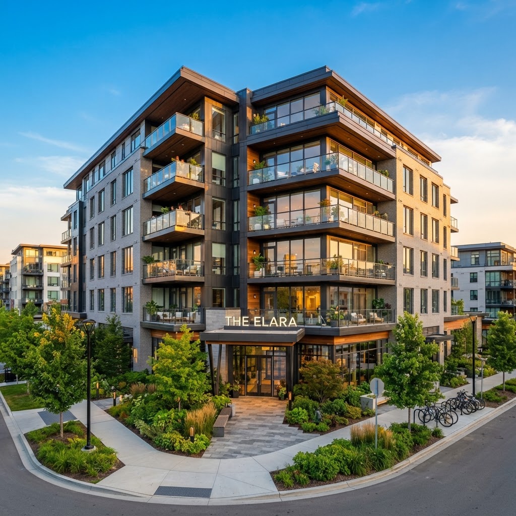Modern real estate development at dusk