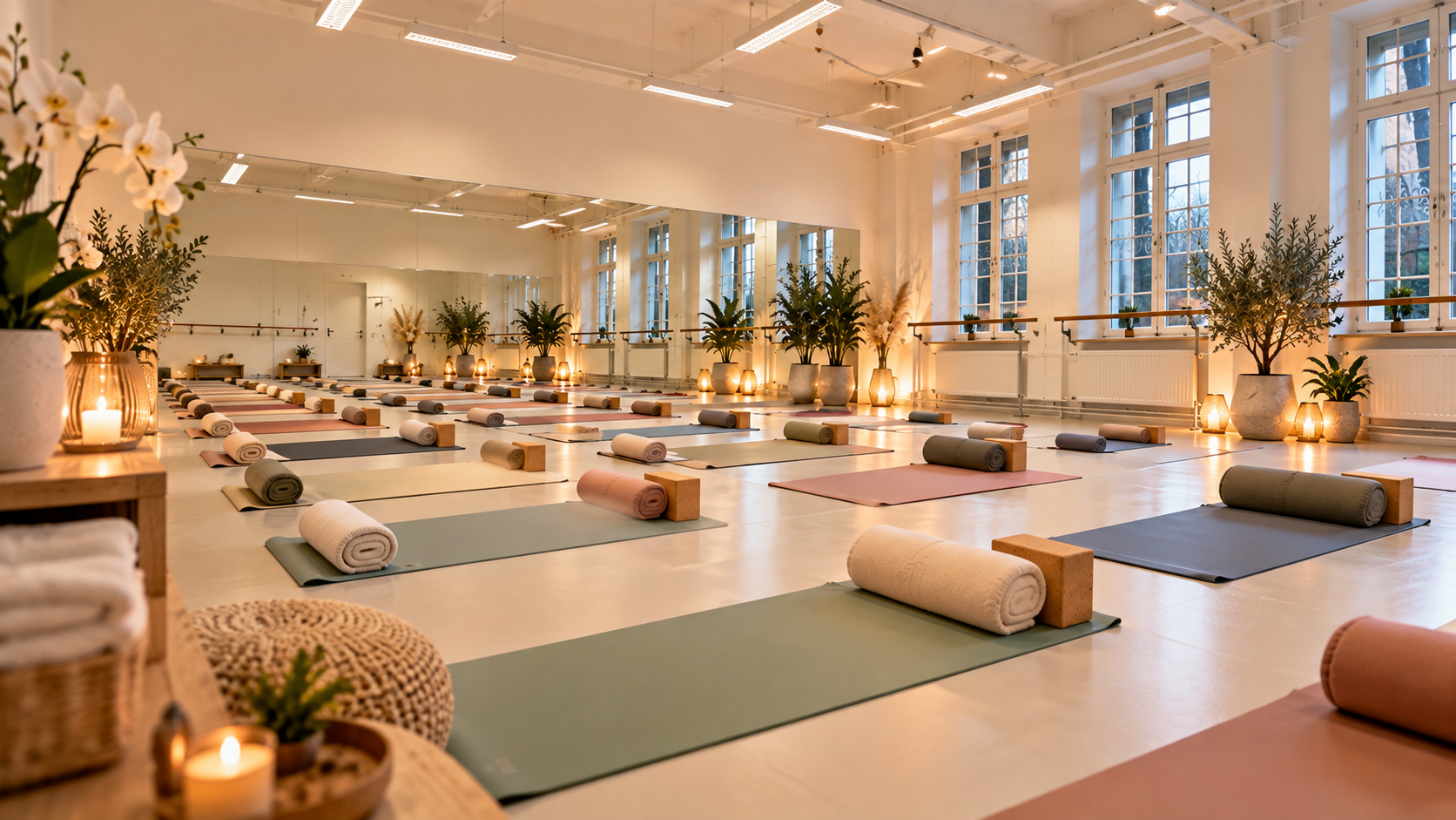 Yoga Studio Rental in Vienna — Studio 1, professional 100 m² hall with mirror, ballet barre, and natural daylight