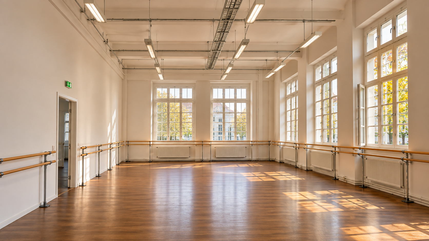 Ballet Studio Rental in Vienna — Studio 4, 100 m² grand hall with full-wall windows and ballet barres