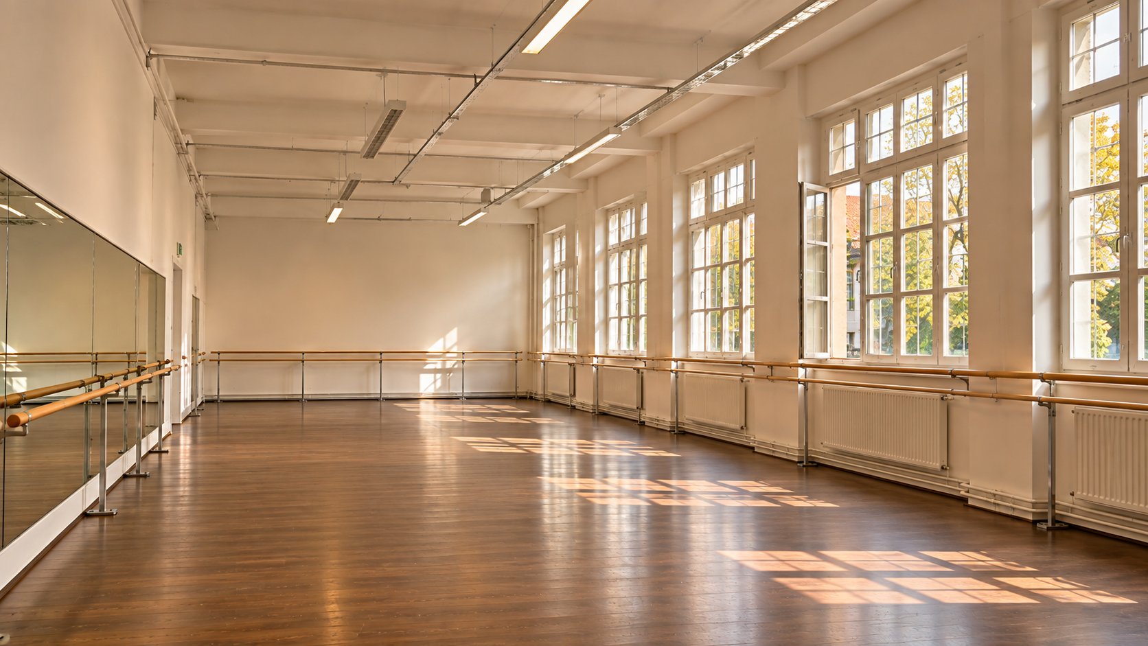 Ballet Studio Rental in Vienna — Studio 1, 100 m² grand hall with full-wall mirror, ballet barres, and natural daylight