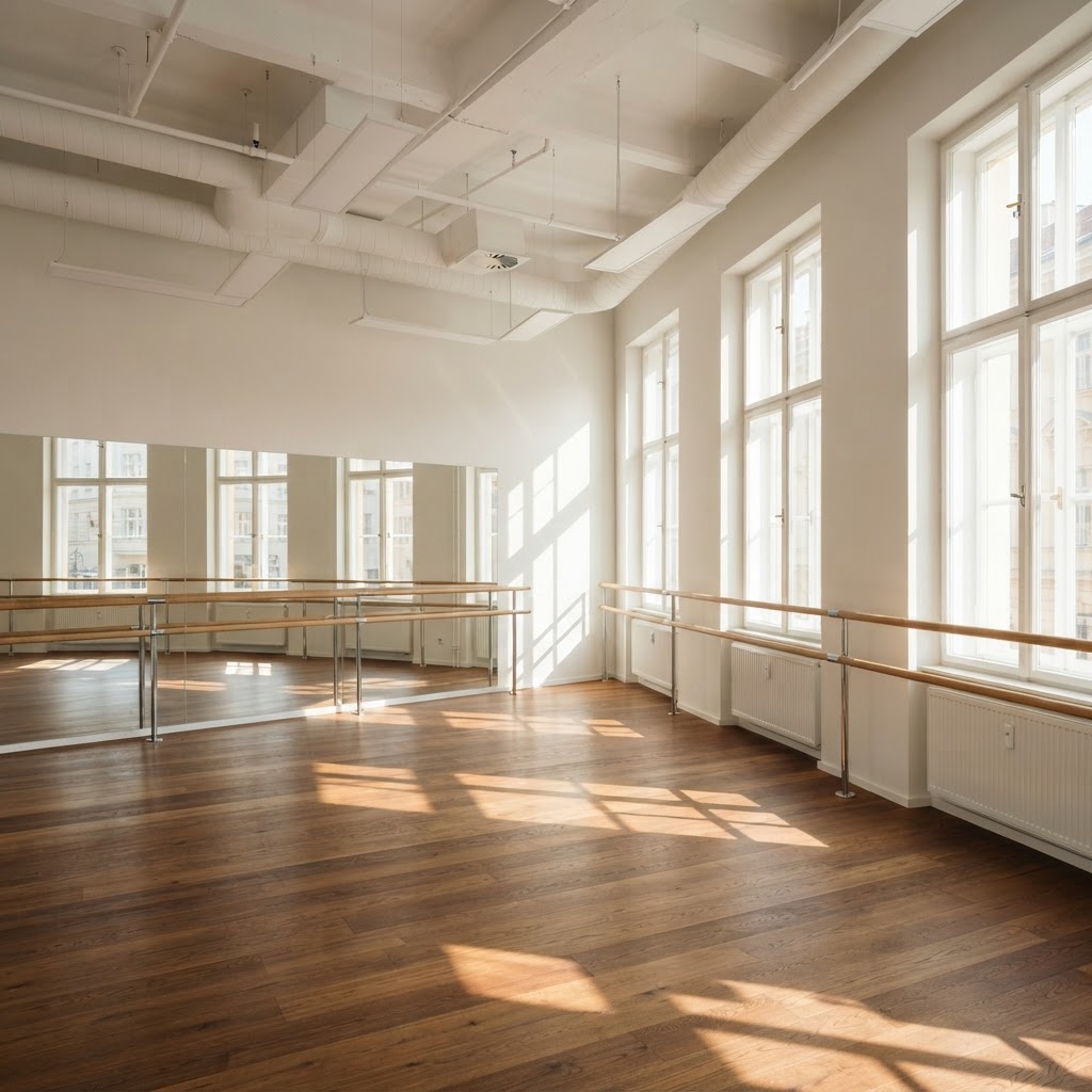 Ballet Studio Rental in Vienna — Studio 3, 90 m² studio with wooden barres, mirrors, and warm sunlight