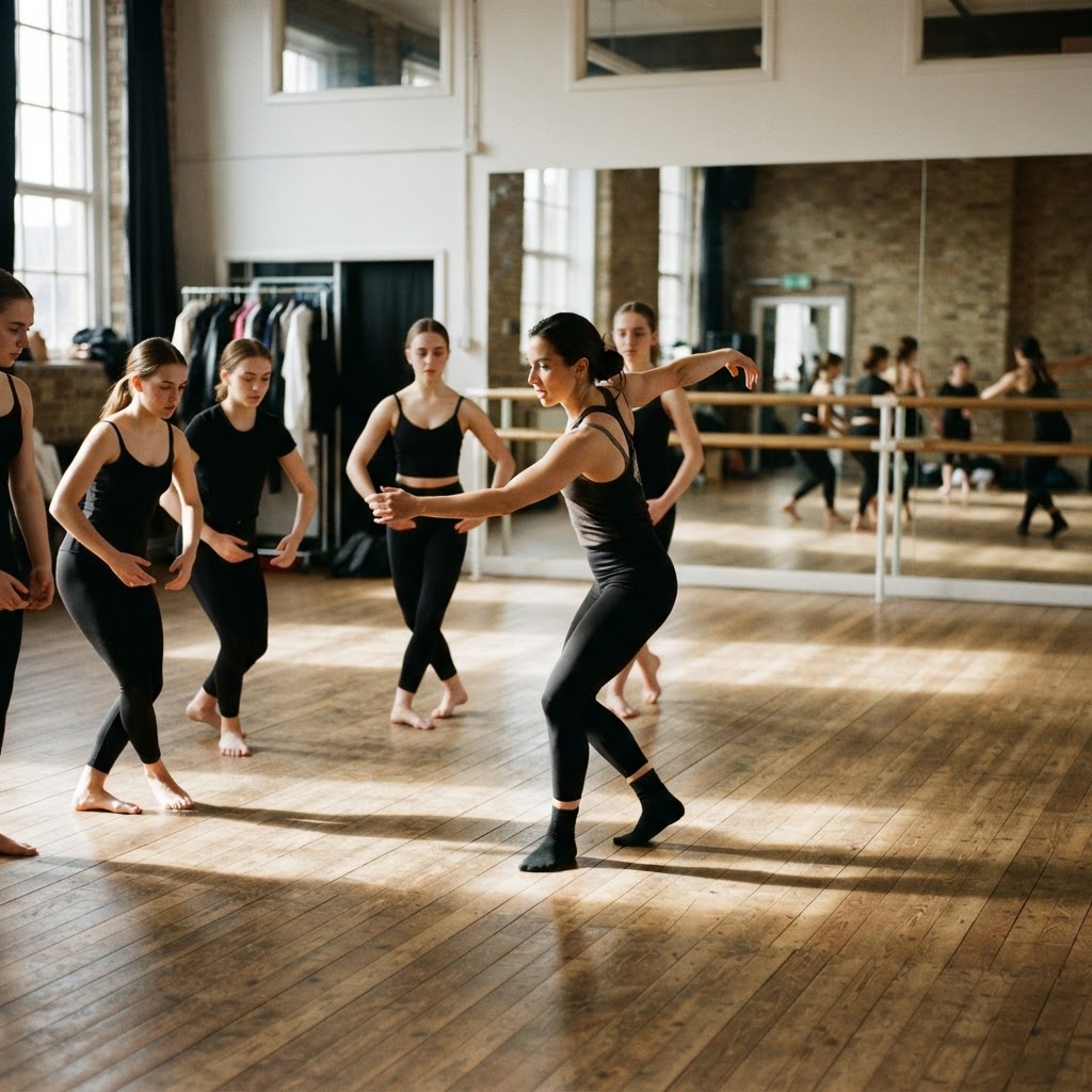 Young dancers taking part in a contemporary dance masterclass