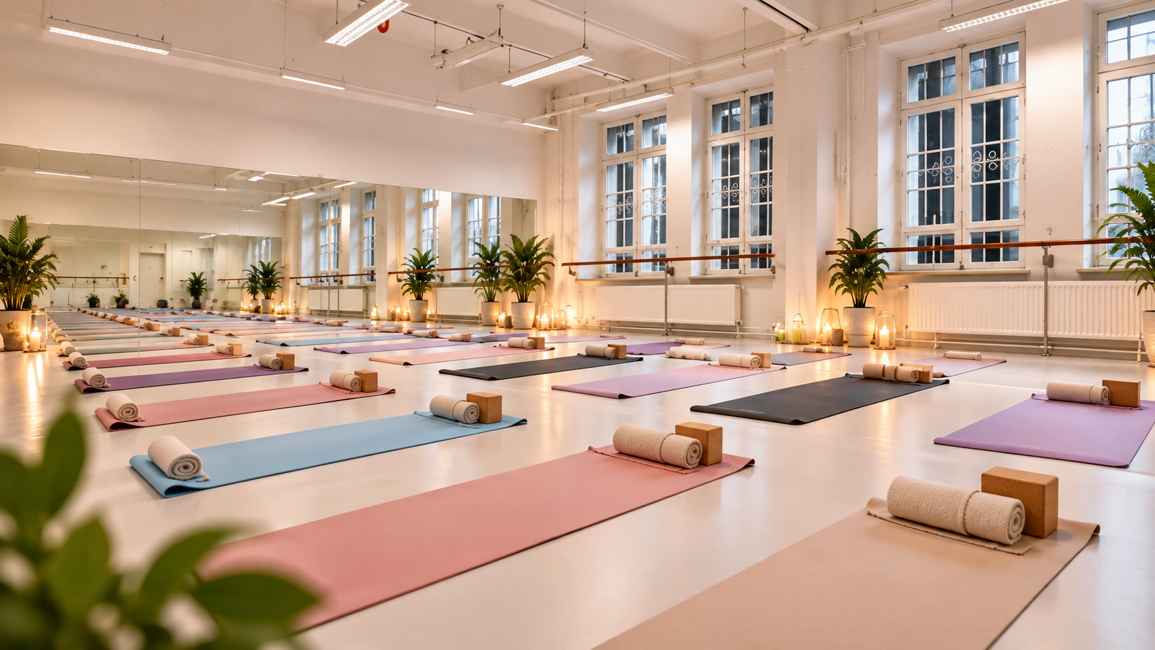 Yoga Studio Rental in Vienna — Studio 2, 90 m² with pastel yoga mats, full-wall mirror, and ballet barre
