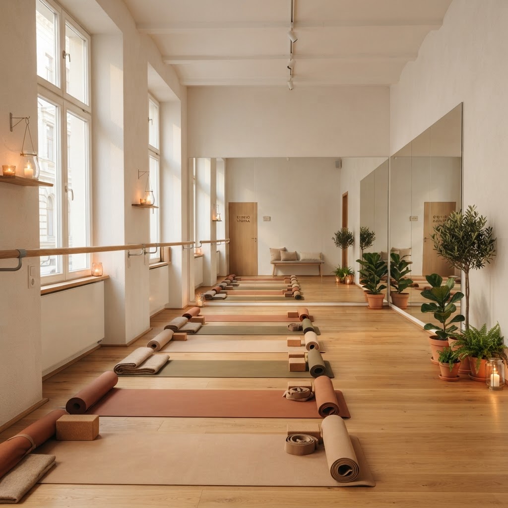 Yoga Studio Rental in Vienna — Studio 5, intimate 55 m² sunlit space with wooden floor and green plants
