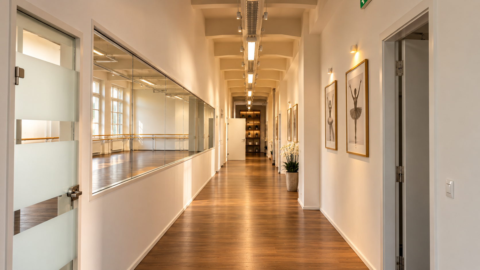 Wiener Ballettakademie studio hallway with mirror, framed ballet photos, and warm wooden floors