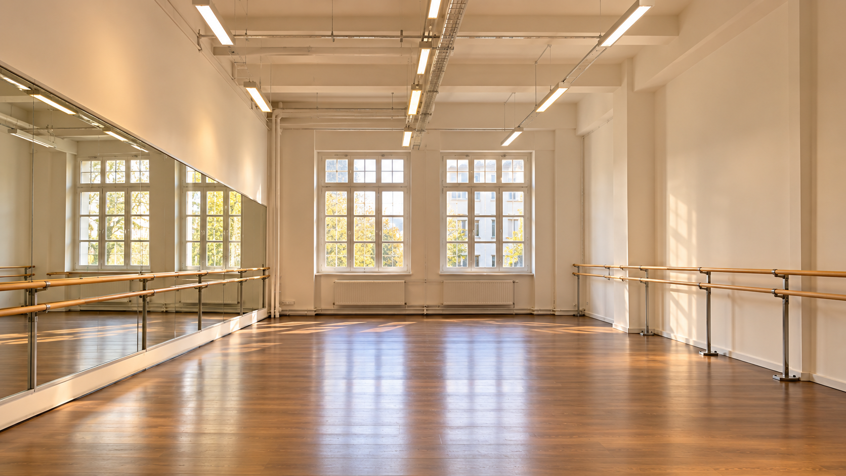 Ballet Studio Rental in Vienna — Studio 2, 90 m² bright studio with mirrors, barres, and large windows