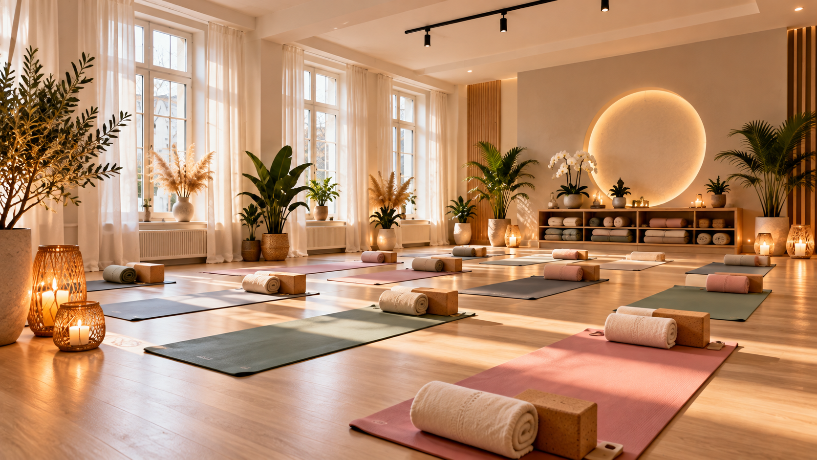 Yoga Studio Rental in Vienna — Studio 3, 90 m² serene yoga room with cork blocks, rolled towels, and warm candle ambiance