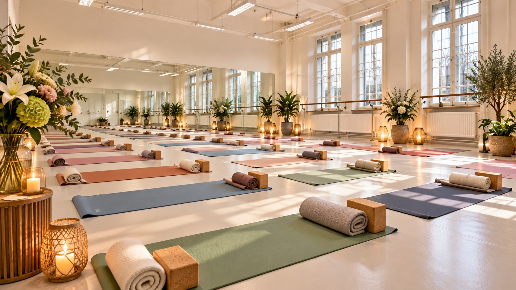 Yoga Studio Rental in Vienna — Studio 4, 100 m² grand hall with morning light, plants, and candle lanterns