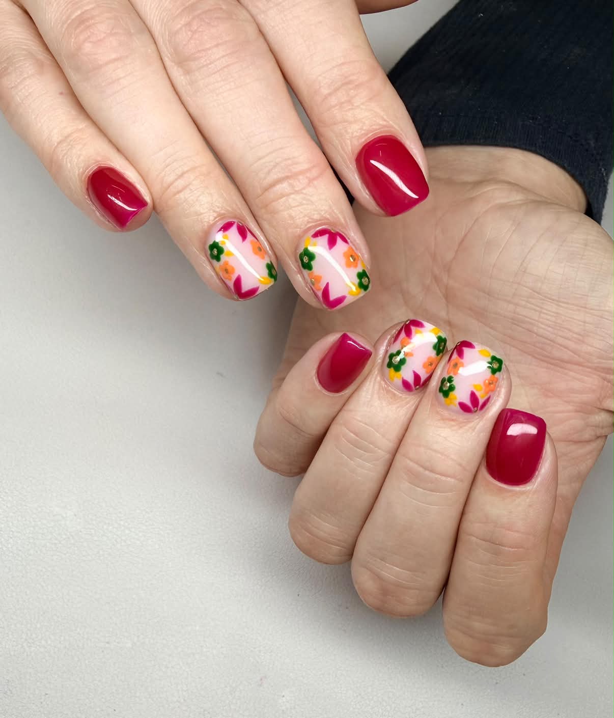 Berry pink square nails with colourful floral nail art