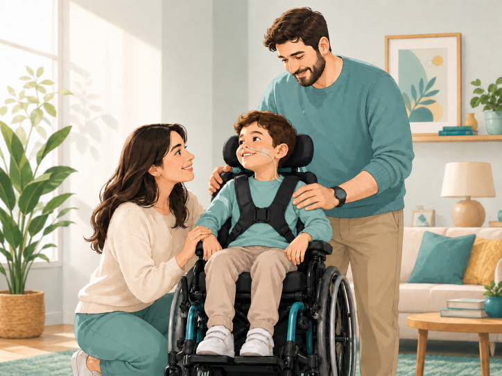A family sharing a warm moment with their child in a wheelchair