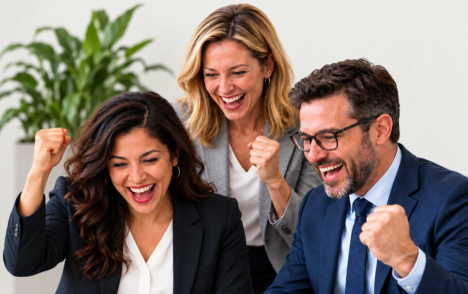 A diverse team celebrating a successful grant application around a laptop