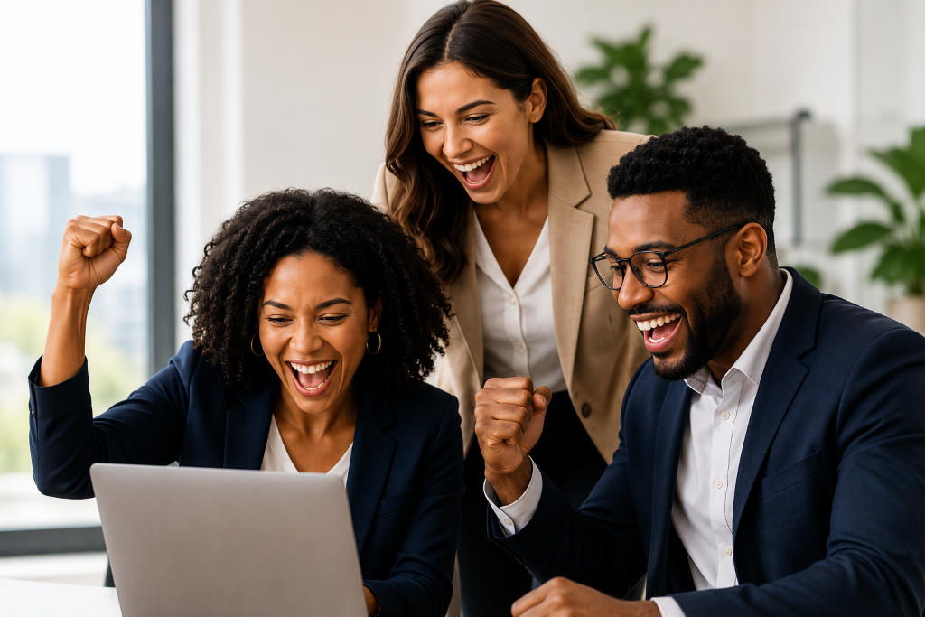 A diverse team celebrating a successful grant application around a laptop