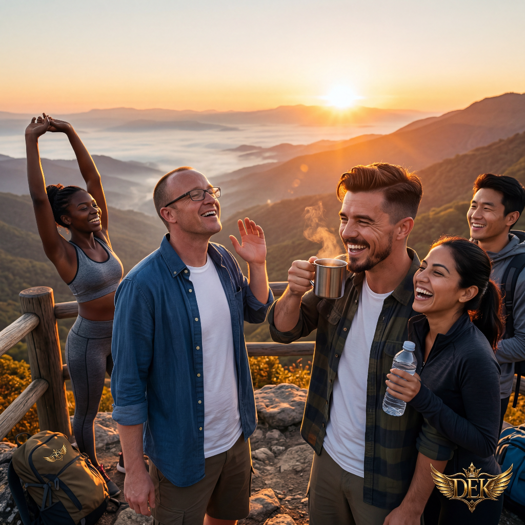 People celebrating at sunrise — the DEK vision of a peaceful world