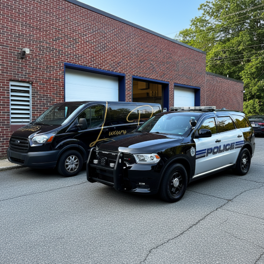 Luxury Detailz van and technician detailing a vehicle in an Easton driveway