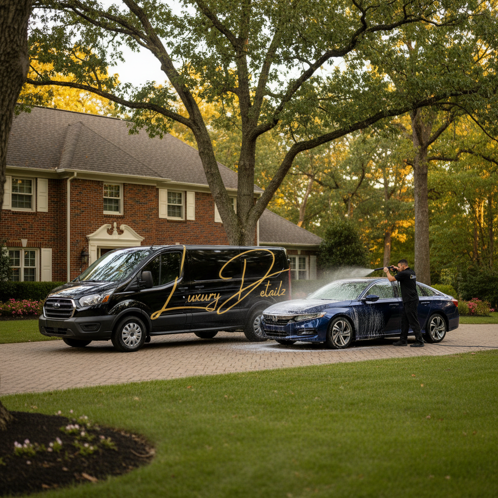Luxury Detailz van and technician detailing a vehicle in a Sharon driveway