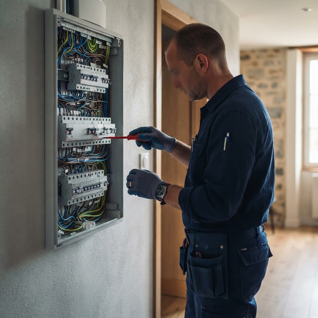 Illustration d’un électricien inspectant un tableau électrique
