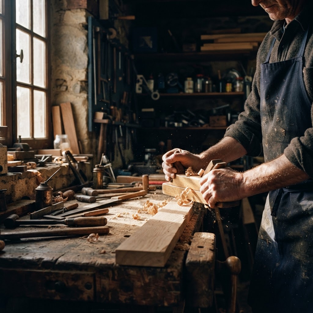 Illustration d’un artisan travaillant le bois dans son atelier