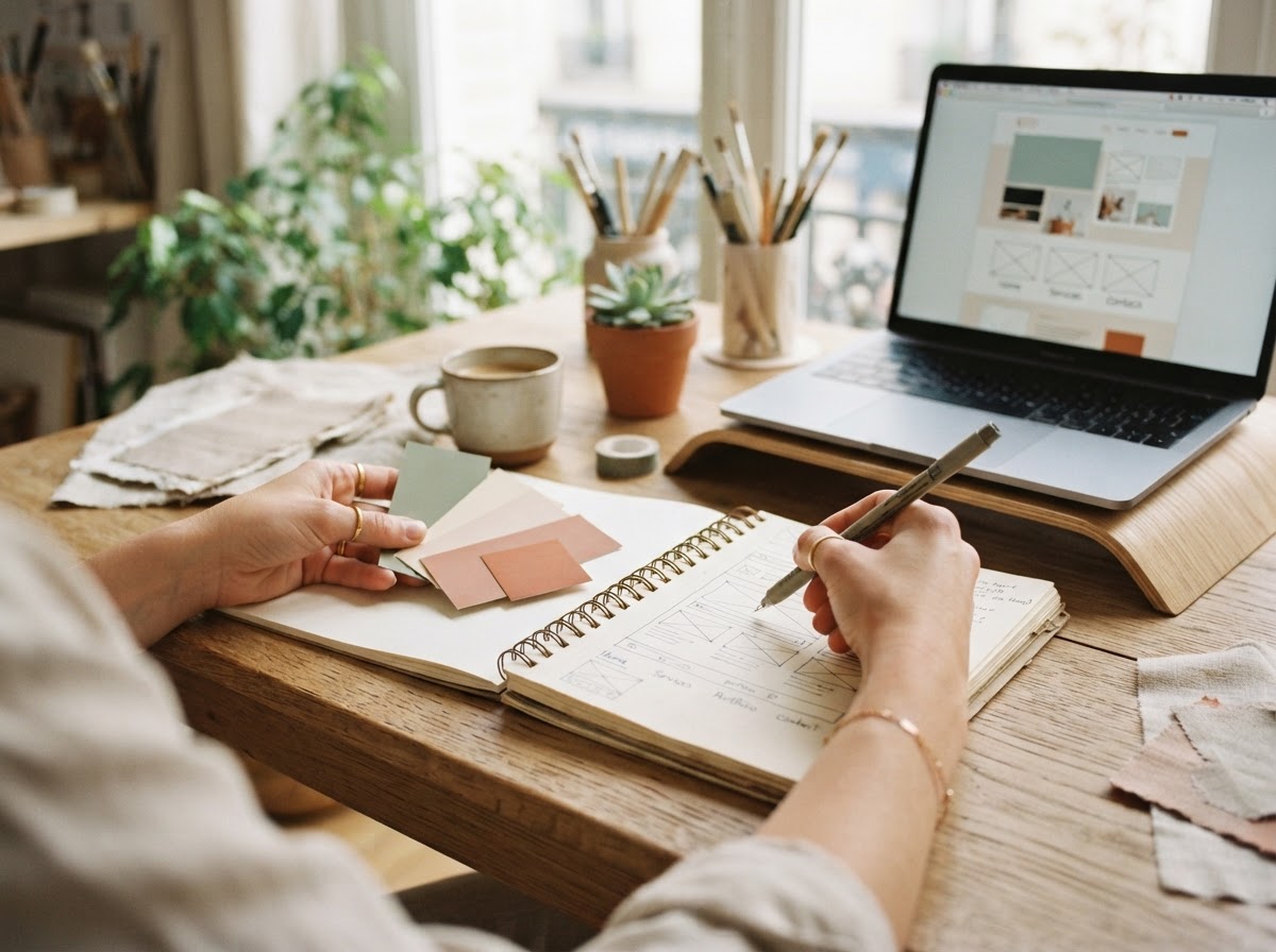 Espace de travail créatif avec ordinateur, carnet et échantillons de couleur