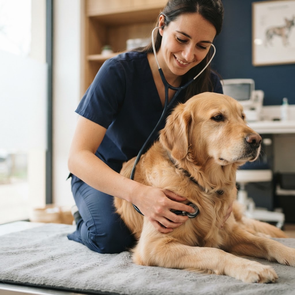 Illustration d’un vétérinaire examinant un chien dans une clinique