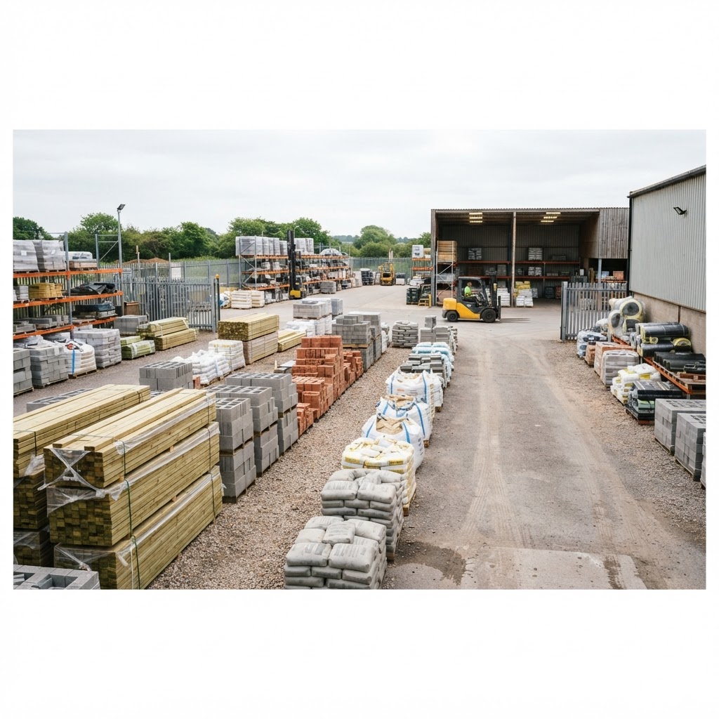 Builder's merchant yard with stacked building materials