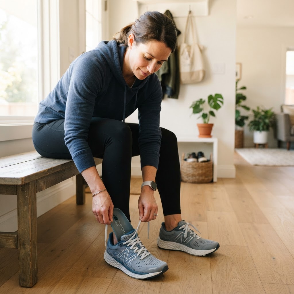 Person lacing up shoes with orthotics