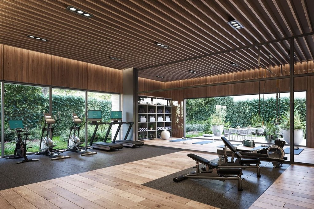 Luxury modern home gym design Qatar — architectural private wellness space with natural light and premium equipment Doha