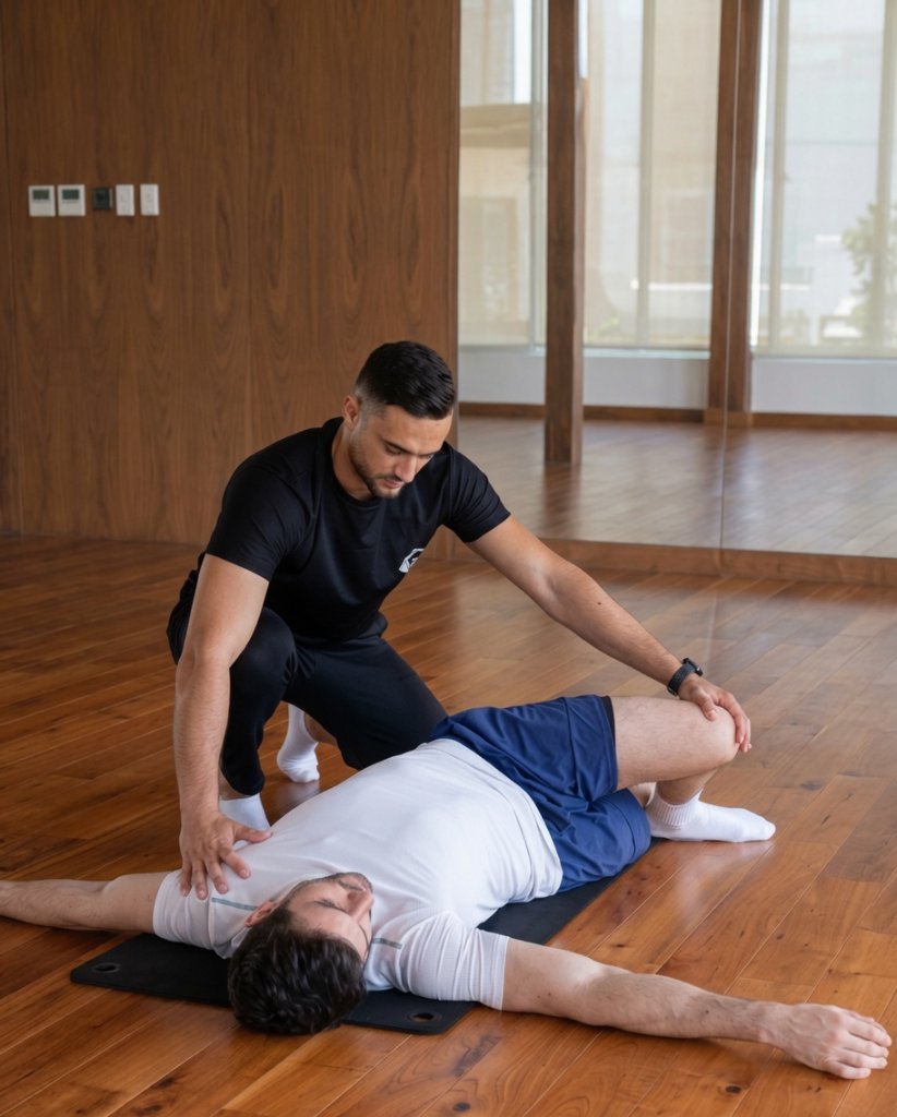 Professional trainer conducting fitness training session - luxury home gym training handover Qatar