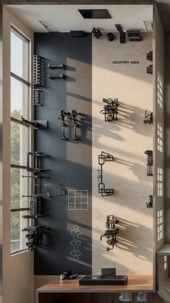 Overhead gym layout design - spatial planning equipment placement luxury home gym Qatar