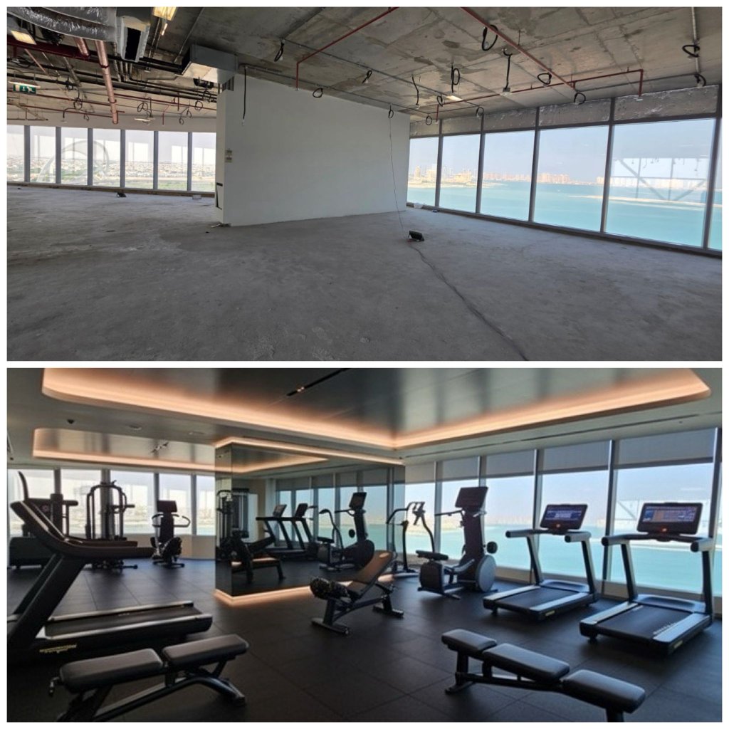 Before and after gym installation Qatar - raw space transformed to luxury gym