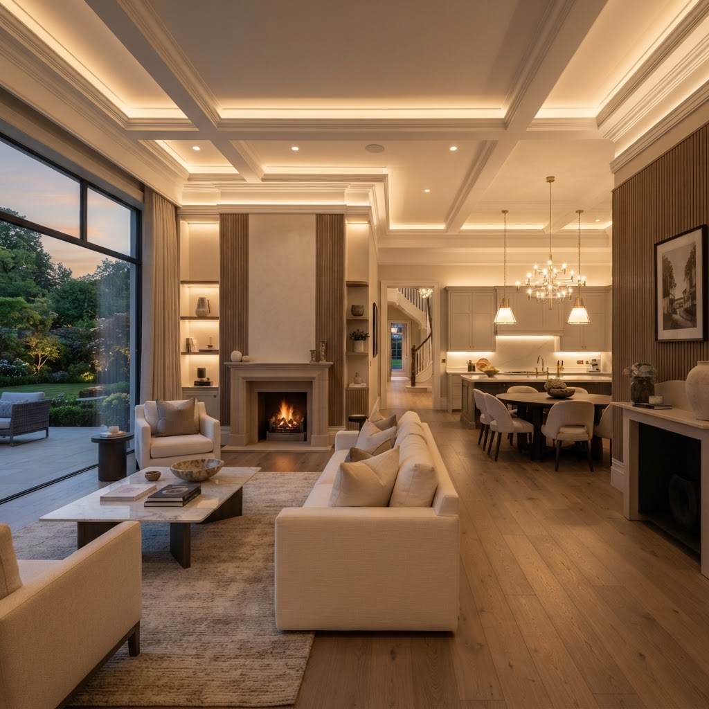 Luxury Central Florida home interior with custom millwork at golden hour