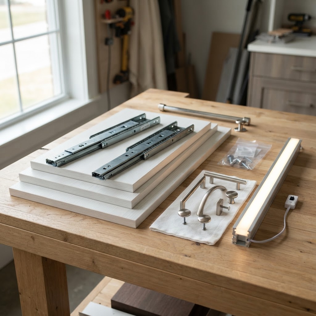 Closet material samples in melamine and wood finishes