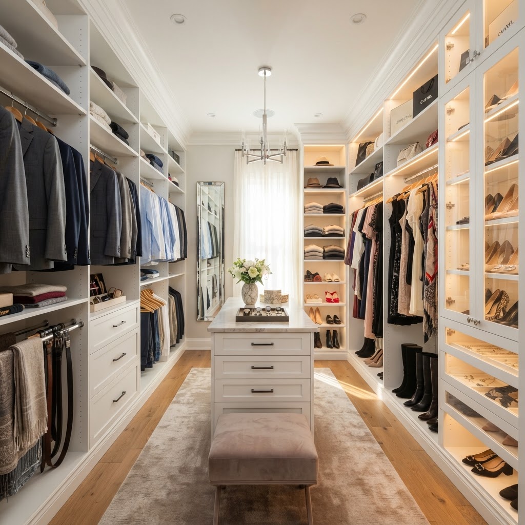 Luxury walk-in closet with custom shelving and organization system