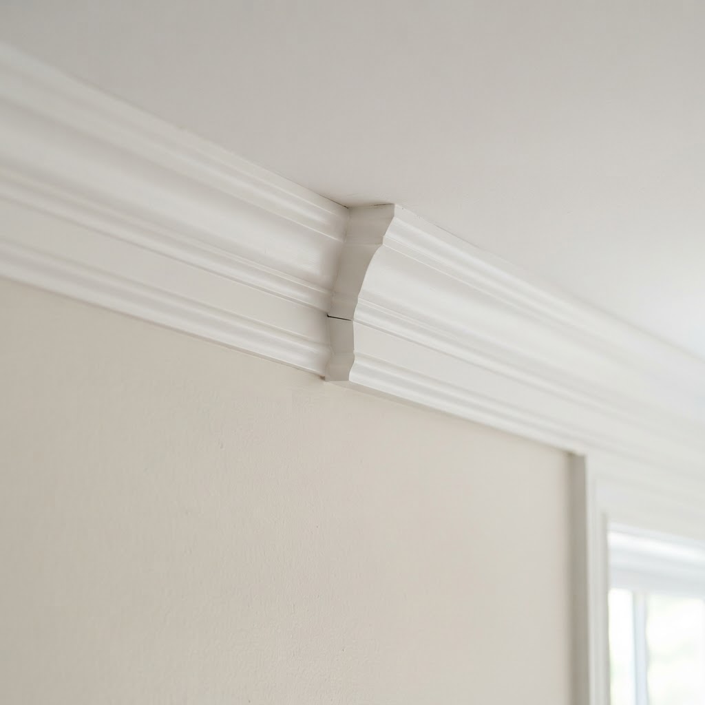 Close-up of pristine white crown molding at a precise mitered corner joint