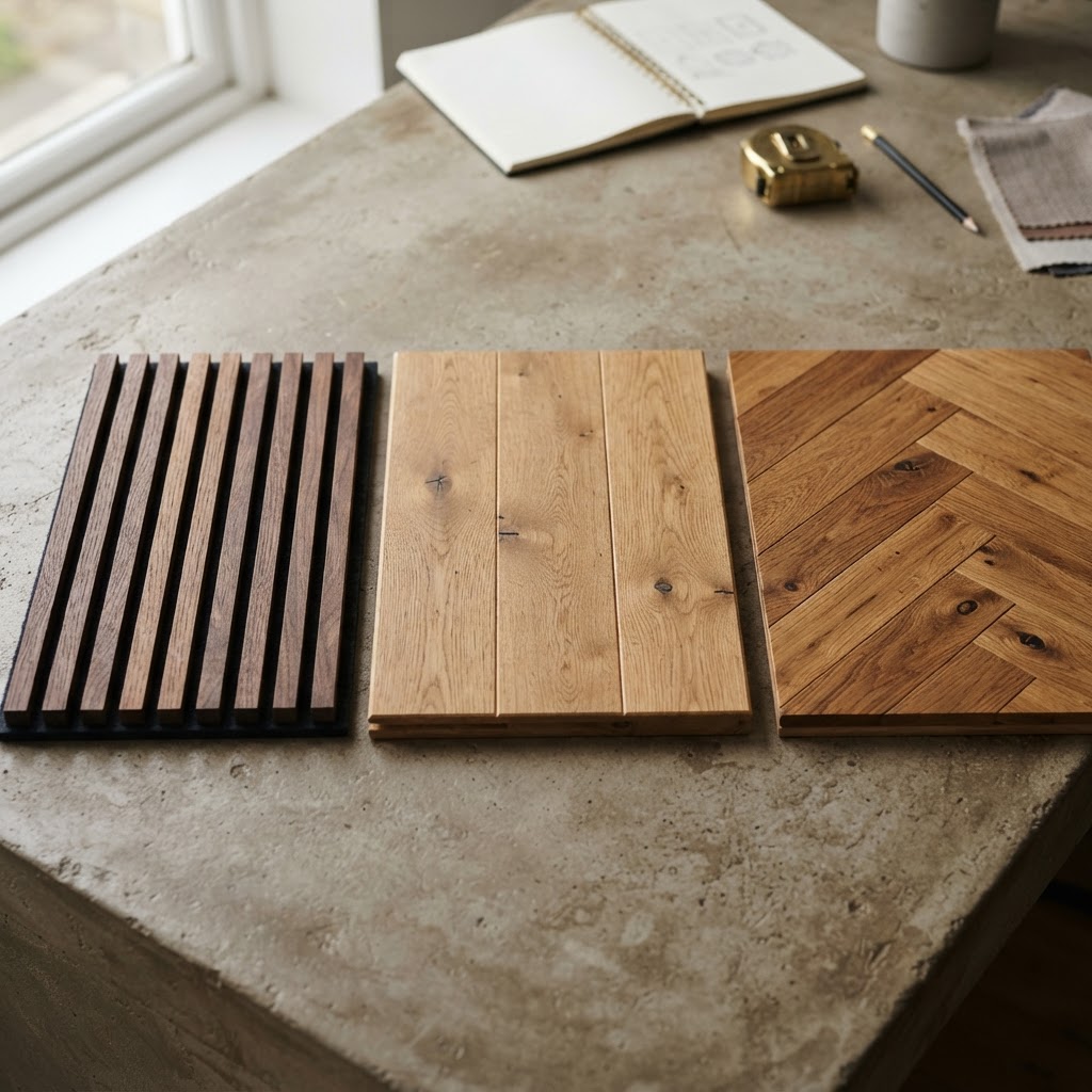Wood material samples for feature wall construction