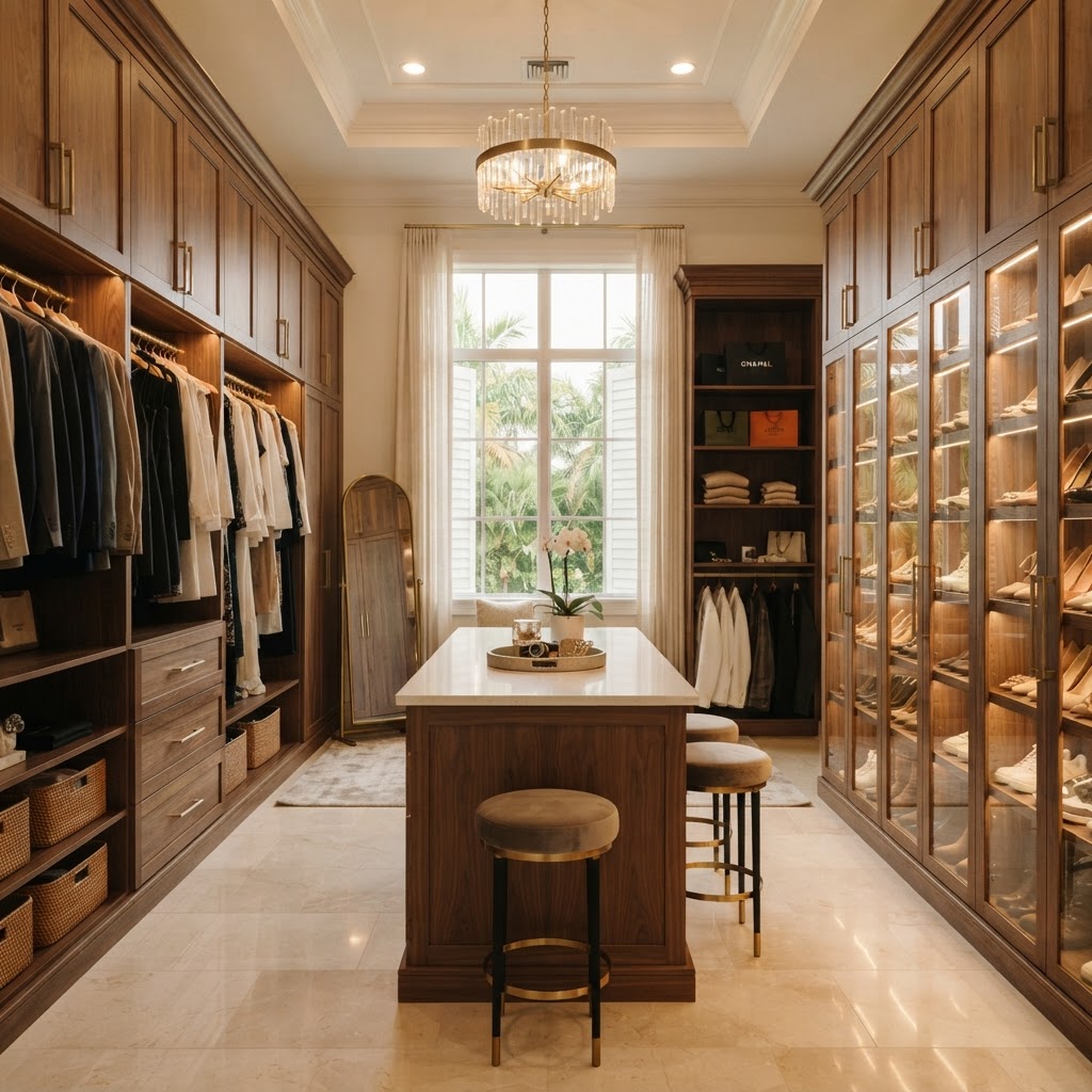 Custom walk-in closet designed and built by D&M Central Florida Closets & Millwork
