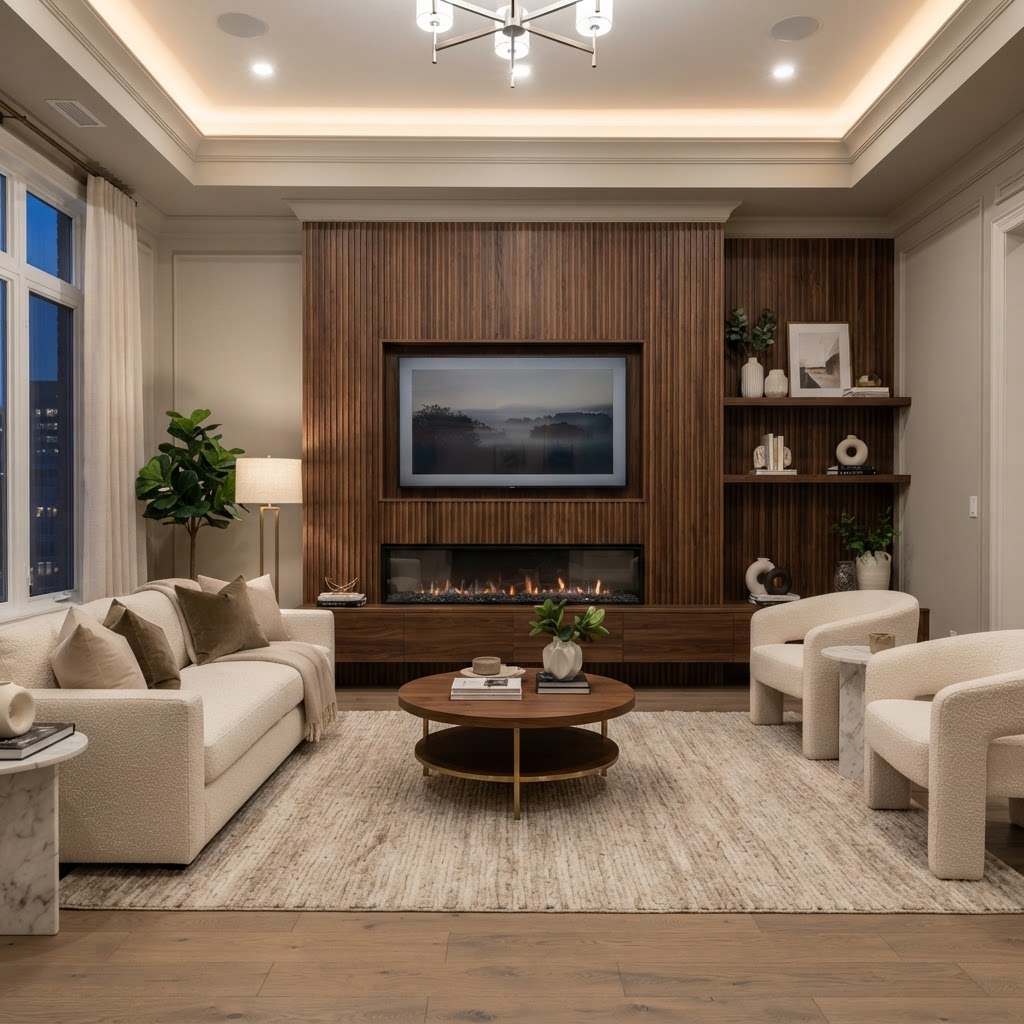 Elegant living room showcasing custom TV feature wall and fireplace millwork
