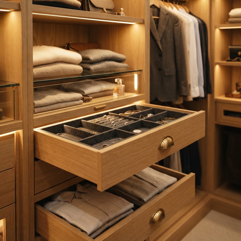 Finished custom closet with drawers, shelving and lighting