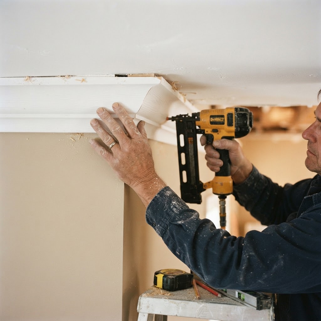 Craftsman installing custom crown molding with precision tools and attention to detail