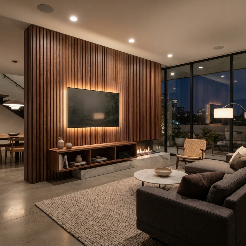 Custom walnut wood slat feature wall with integrated lighting