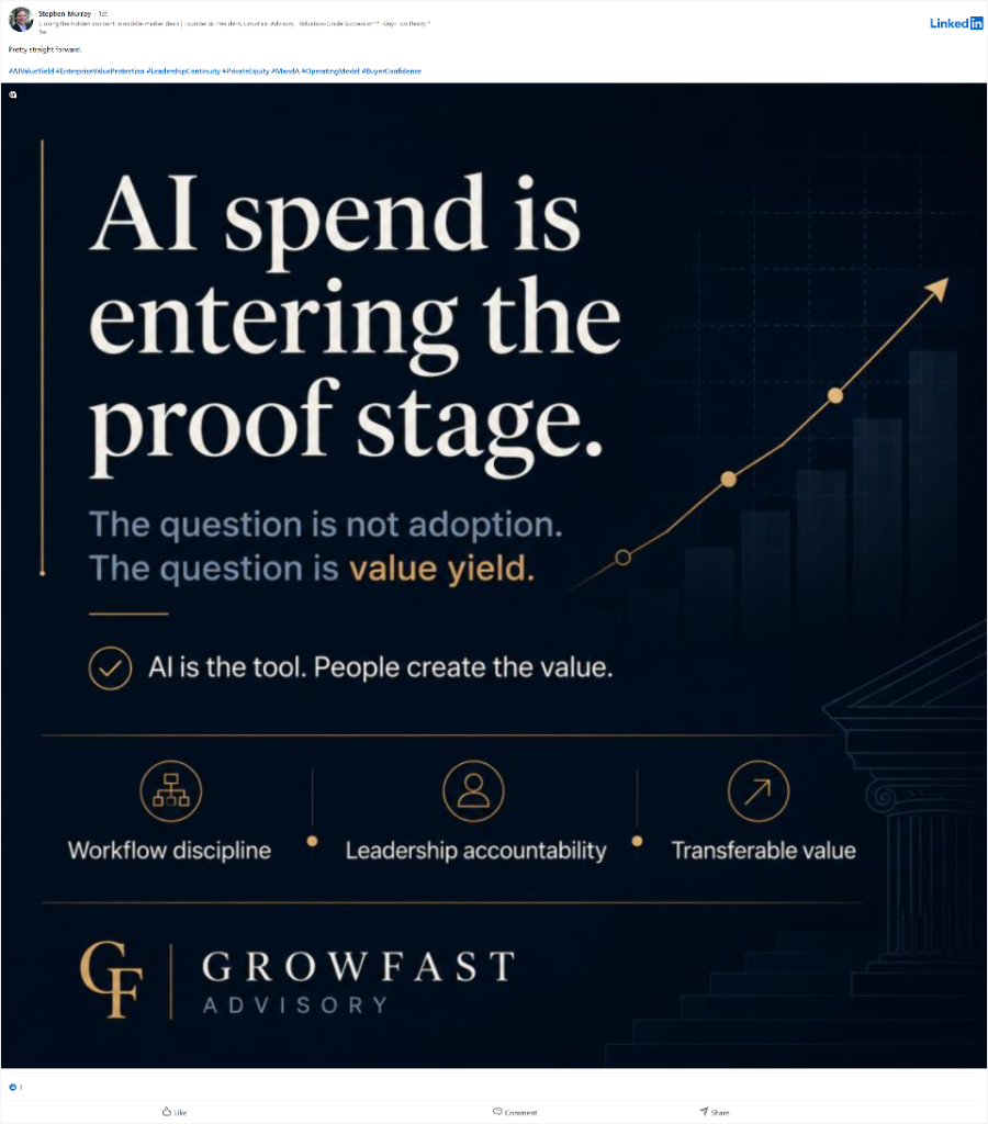 LinkedIn post graphic reading AI spend is entering the proof stage