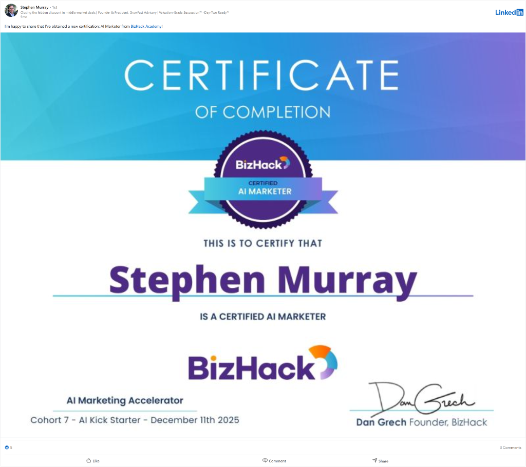LinkedIn post showing Stephen Murray’s BizHack Academy AI Marketer certification