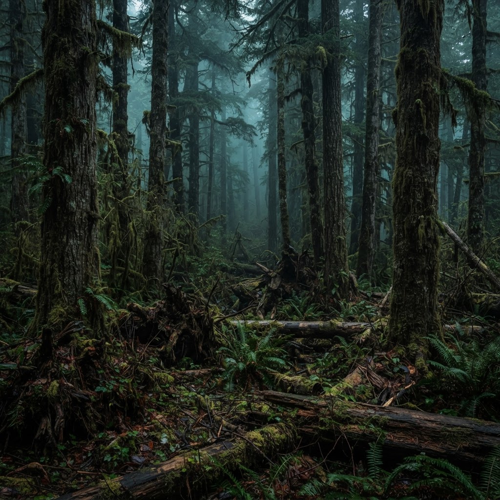Dense foggy old-growth forest — ten Bigfoot are hidden here