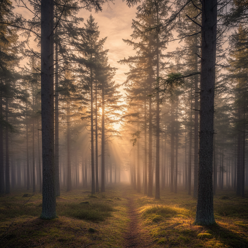 Between the Pines — misty pine forest at dawn